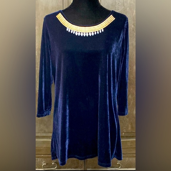 La Vanya Midnight Blue Velvet long sleeves Tunic w/rhinestones -Size Medium - Picture 1 of 9